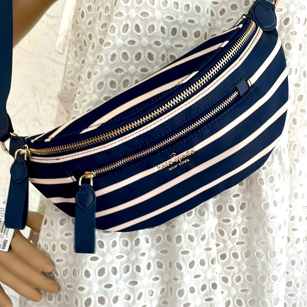 BEAUTIFUL NWT BELT BAG THE LITTLE BETTER PARISIAN CHELSEA NYLON STRIPED BLUE
